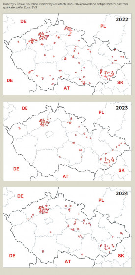 Honitby v České republice, v nichž bylo v letech 2022–2024 provedeno antiparazitární ošetření spárkaté zvěře. Zdroj: SVS