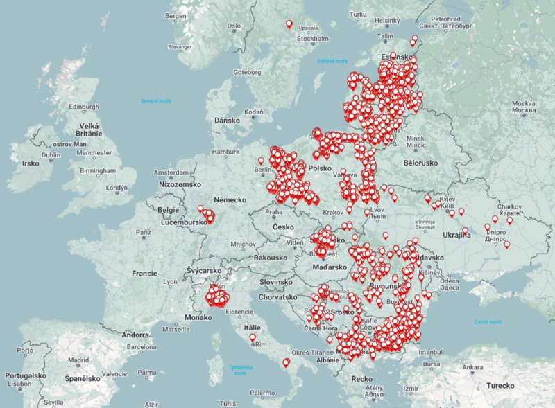 Mapa 1: Výskyt afrického moru prasat u prasat divokých v Evropě v roce 2024