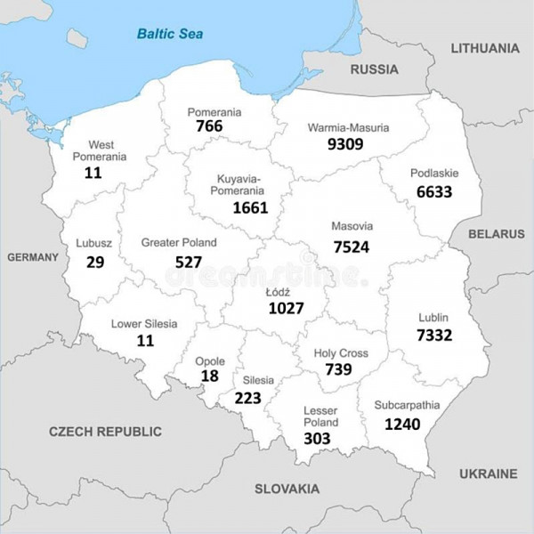 Mapa 3: Distribuce losa evropského v Polsku, uvedená čísla jsou odhady jeho početnosti v jednotlivých vojvodstvích v roce 2023 (upraveno podle www.stat.gov.pl)