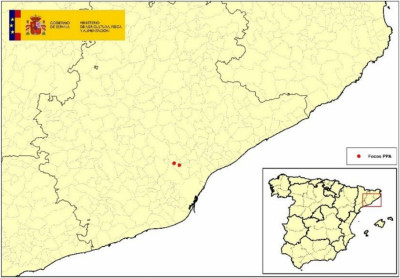 Lokality nálezu prvních dvou případů AMP v Katalánsku 26. 12. 2025. Repro španělské Ministerstvo zemědělství