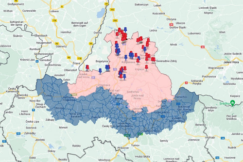 Aktuální mapa uzavřených pásem AMP v Libereckém kraji s místy potvrzených případů AMP. Stav k 28. 6. 2024. Zdroj: SVS