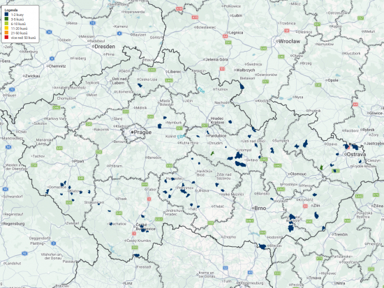Mapa: Pozitivní výsledky sérologického laboratorního vyšetření na ACH.